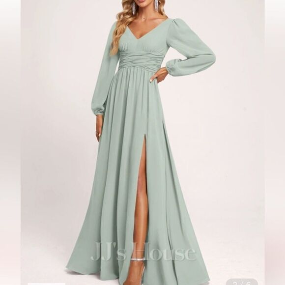 JJs House A-line V-Neck Chiffon Bridesmaid Dress Bell Sleeves Slit Sage 14/16 - Picture 2 of 11